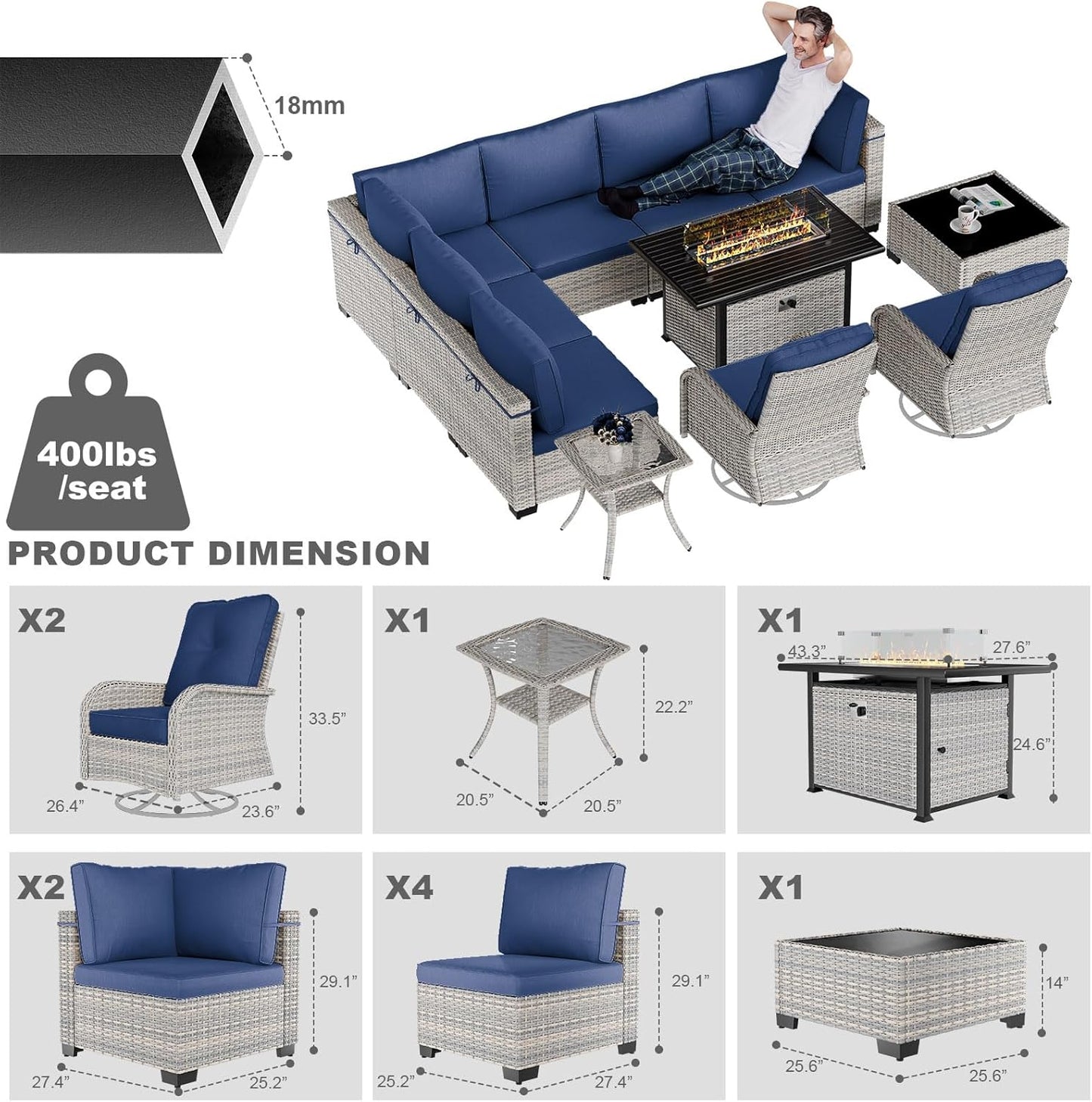 11-Piece Patio Furniture Set, Outdoor Patio Furniture with Fire Pit Table, Swivel Chairs Set, Thick Cushions, Modular Patio Sofa, Dual-Strand Wicker Rattan, Rust-Resistant Frame, Navy Blue