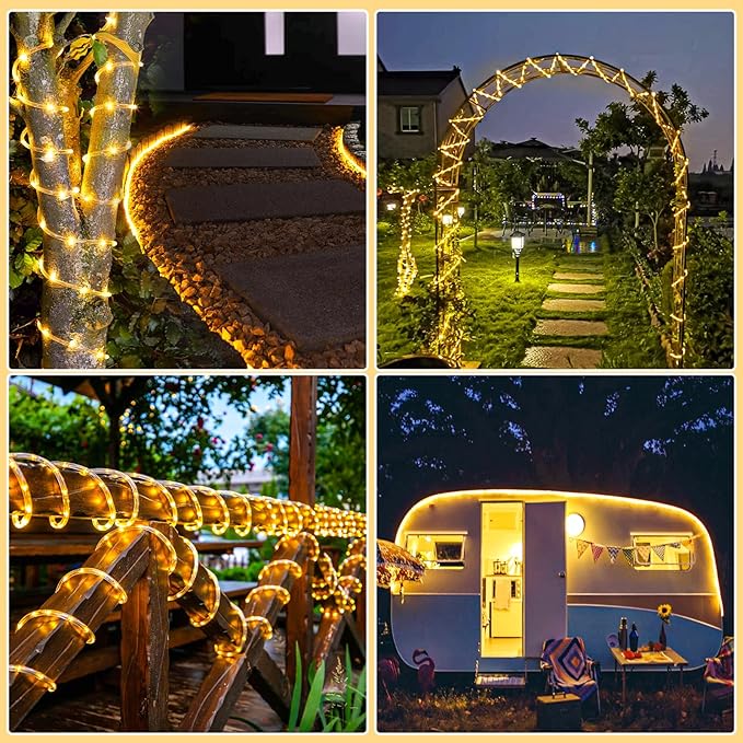 Rope Lights for Outside, 66FT 200 LED Rope Lights Outdoor/Indoor with Waterproof 8 Modes, Connectable Plug in Christmas Tree Light for Bedroom Pool Garden Party Holiday Decorations, Warm White