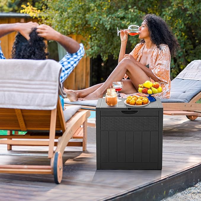 33 Gallon Resin Deck Box, Weatherproof Outdoor Storage Box for Patio, Garden, Pool, and Yard, Lockable Waterproof Bin for Tools, Cushions, and Accessories, Black