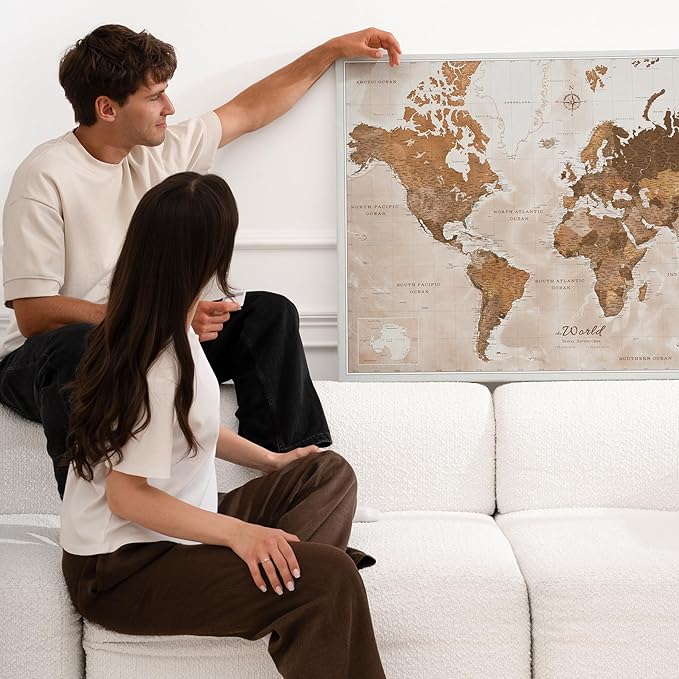 Canvas World Map with Cork Pin Board - English Lettering - Decorative Wall Decoration for All Rooms - Canvas Pictures with World Map Motif (70x50 cm, Pattern 17)