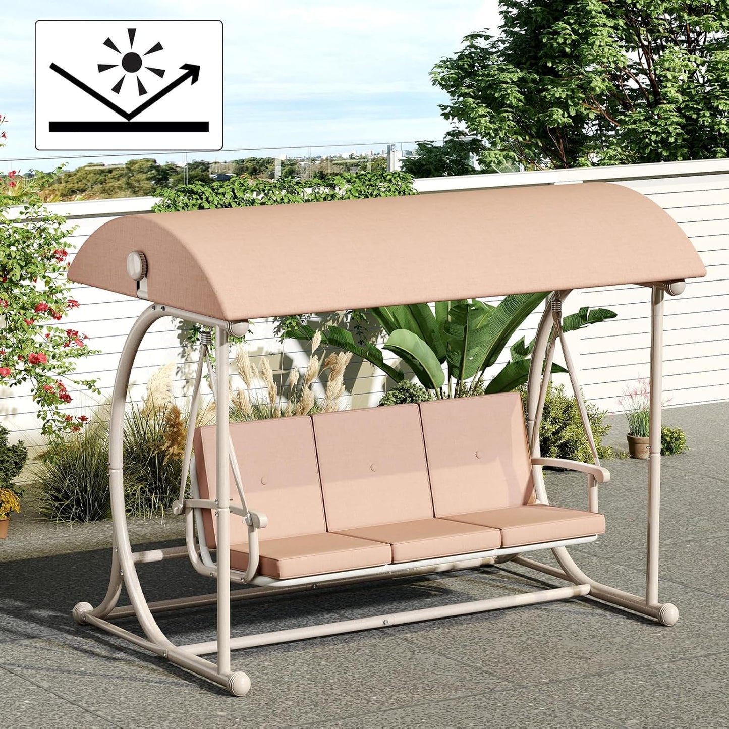 Patio Swing with Canopy, Outdoor Swinging with Stand, Backyard Swings for Adults, 2 in 1 Porch Swing Bed, Outdoor Patio Swings,Yard Heavy Duty Covered Patio Swing, Khaki