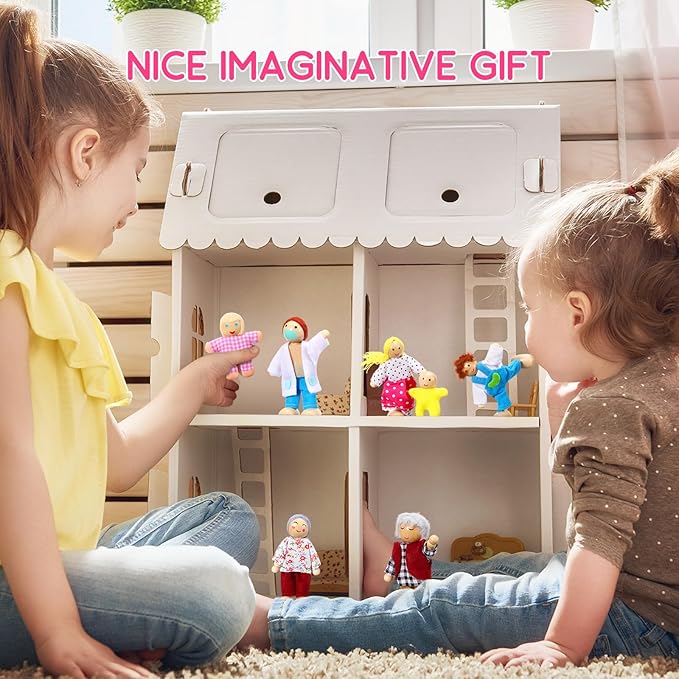 Skylety 10 Pcs Wooden Dollhouse Set of Mini People Figures Dollhouse Dolls Wooden Doll Play Figures Accessories(Rustic Style)