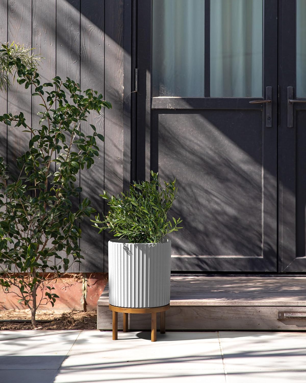 Veradek Demi Series Round Planter w/Stand for Porch/Patio | Durable Plastic-Stone Composite & Wooden Stand | Modern Décor for Tall Plants, Flowers