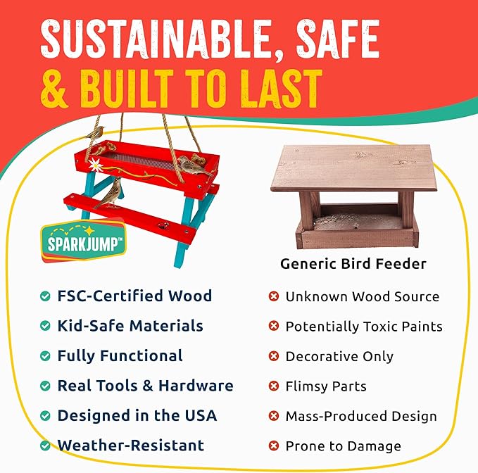 SparkJump Picnic Table Feeder for Squirrels - DIY Woodworking Project for Kids and Families, Includes Tools, Screws, and Paint Set, Sustainable FSC-Certified Wood, Ages 6+