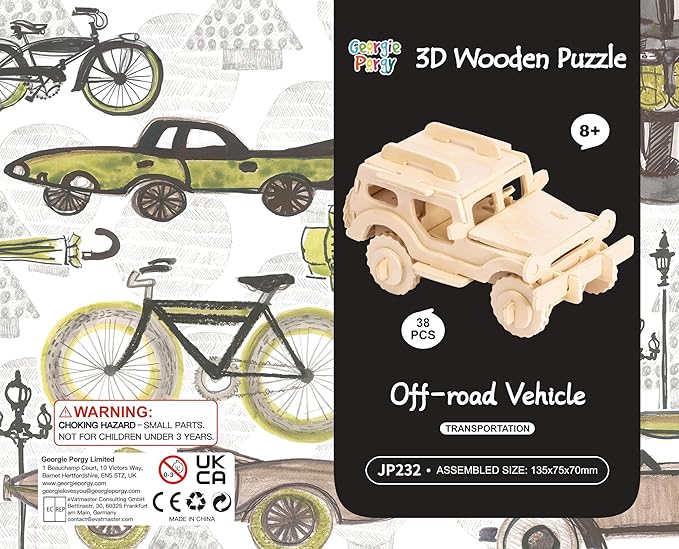 Georgie Porgy 3D Wooden Puzzles for Kids Toys Construction Woodcraft Kits DIY Model Puzzle Kits Birthday Gifts Pack of 3 (Biplane Off-Road Vehicle Yacht)