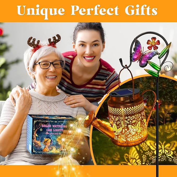 Solar Watering Can Lights, Butterfly Hanging Lantern Solar Lights Outdoor, Waterproof Garden Decor Outside Patio Yard Pathway Backyard, Gardening Gifts for Mom Grandma Women Birthday Mother's Day