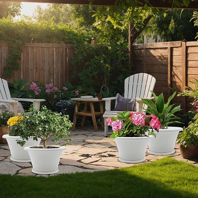 Quarut 12 Inch Plant Pot,4 Pack Large pots for Plants,Flower Pots with Drainage Hole & Saucer,Modern Planters for Indoor Outdoor Plants,Decorative Resin Garden Pots,White