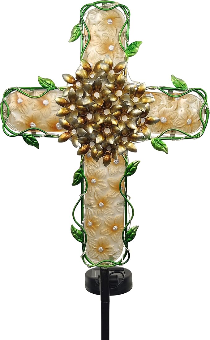 38inch Solar Cross Garden Lights Outdoor Decorative - Solar Metal&Glass Cross Apricot Hydrangea Flower Stake Lights- Waterproof 20 White LED for Remembrance Gifts & Sympathy Gifts