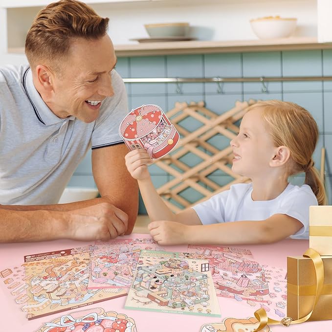 Girls 3D Miniature Scene Stickers, 4 Sets Mini Shop DIY House Stickers for Clothing Store, Coffee Shop, Bakery, Dessert Shop, Cute 3D Cartoon Sticker Scenes for Adult Kids Relief Stress Pass The Time