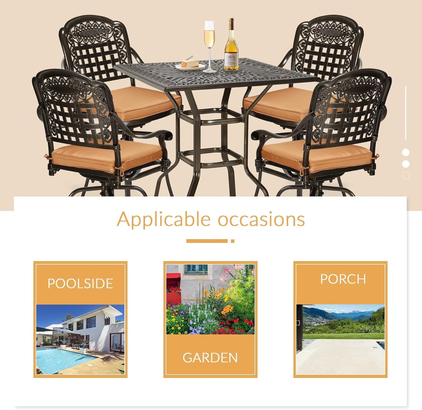 5 Pieces Patio Swivel Bar Set, Patio Bar Table and Chairs Set, All-Weather Cast Aluminum Outdoor Swivel Bar Stools of 4 and 35.4" Square Bar Table, High Top Bistro Set for Deck, Pool, Garden