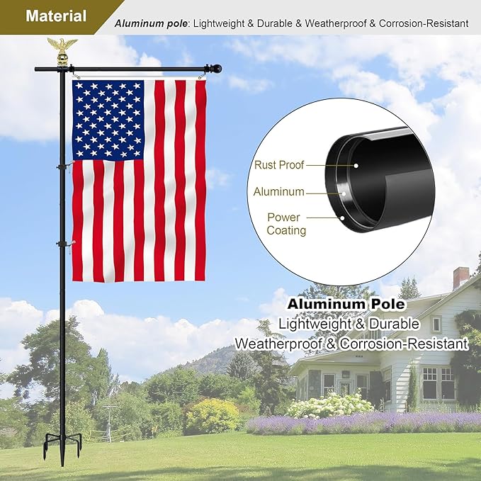 10FT Garden Flag Pole Stand for 3x5 Feet & 28x40 Inch Flags – Heavy Duty Freestanding Flagpole with 5-Prong Base – Adjustable, Lightweight Aluminum Flag Holder for Yard, Outdoor, Lawn – Black