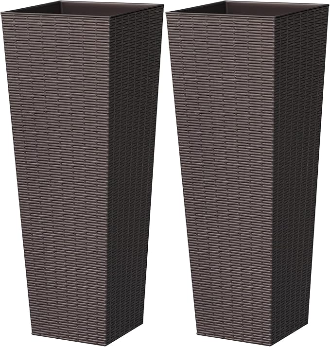 Greesum 32 Inch Tall Plastic Planters with Rattan Texture – Set of 2, Detachable Inner Pot & Drainage Holes, Indoor/Outdoor Decorative Flower Pots for Large Plants, Trees, Patio, and Garden, Brown