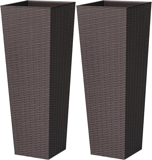 Greesum 32 Inch Tall Plastic Planters with Rattan Texture – Set of 2, Detachable Inner Pot & Drainage Holes, Indoor/Outdoor Decorative Flower Pots for Large Plants, Trees, Patio, and Garden, Brown