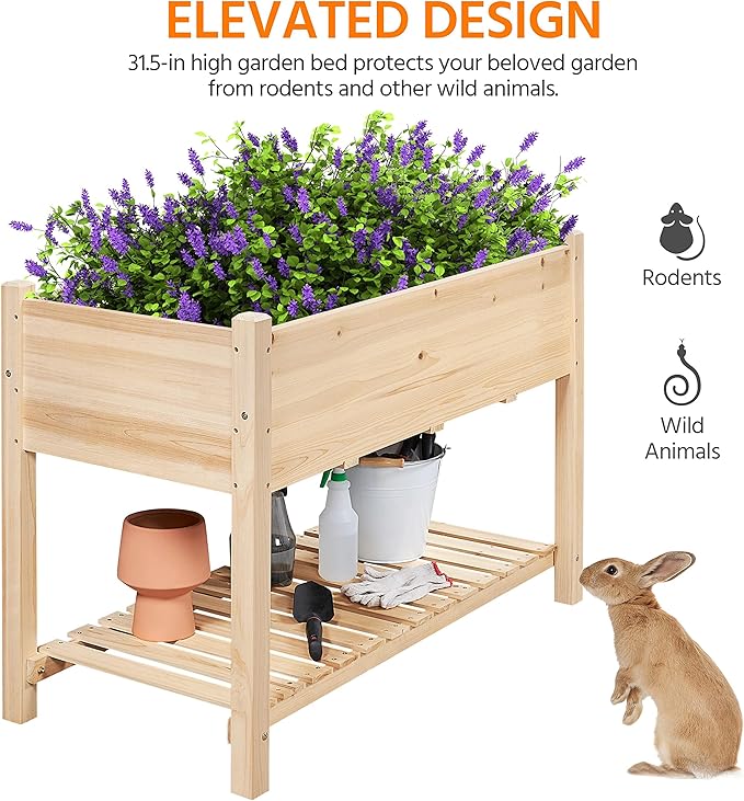 Yaheetech 47x23x32in Wooden Raised Garden Bed with Legs & Storage Shelf Horticulture Wooden Elevated Planter Box Vegetable Growing Bed for Flower/Herb/Backyard/Patio