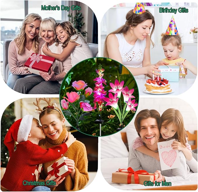 Solar Garden Lights - 6 Pack Solar Flowers with Lily Rose Delphinium, Waterproof Gardening Gifts for Mom, Grandma, Women - Multi-Color Changing Outdoor Lights for Garden, Yard, Patio, Lawn