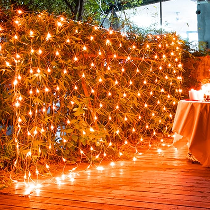 WATERGLIDE Outdoor Halloween Net Lights, 12FT x 5FT 360 LED Fairy String Light with 8 Lighting Modes, Connectable Light Safe Adaptor for Garden Tree, Bushes, Holiday Wedding Party Decorations, Orange