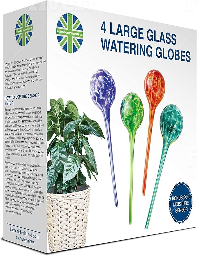 4 Large Plant Watering Globes - Plant Watering Devices - Plant Watering Bulbs - Self Watering Spikes - Self Watering Planter Insert - Hand Blown Glass - Free Moisture Meter by Cotswold Homeware
