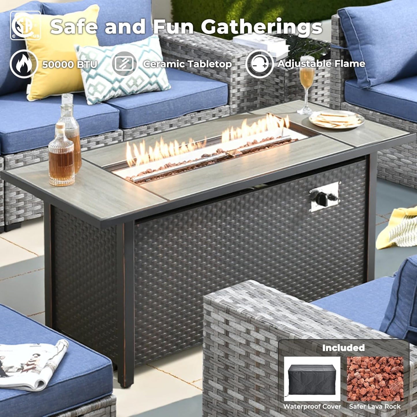 ovios 10 Pieces Patio Furniture Set, Outdoor Wicker Sectional Sofa with 54" Fire Pit Table Swivel Chairs, Modern Modular Deep Seat Rattan Couch Conversation Sets, Denim Blue