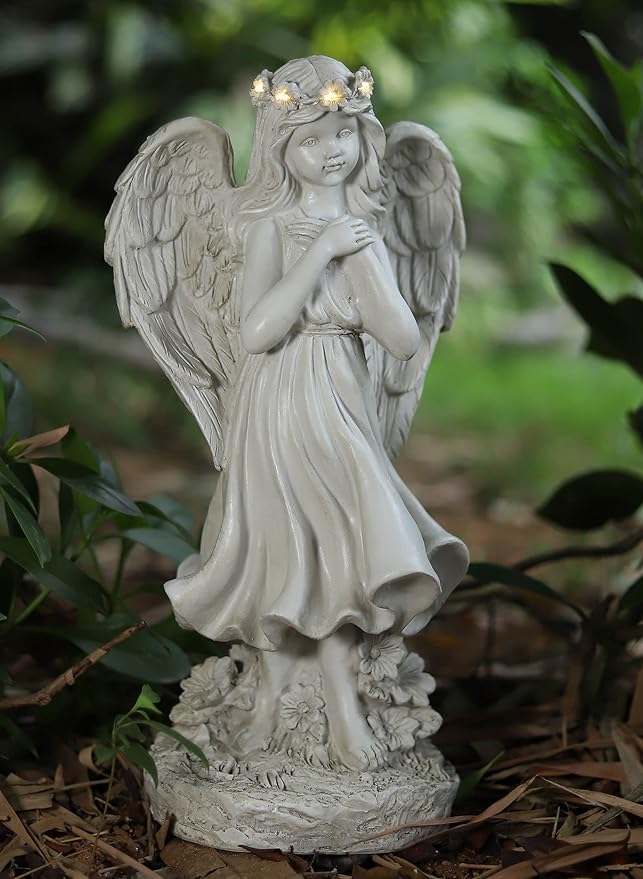 Garden Angel Figurines, Light Up Praying Angel Statues Outdoor Statue with Solar LED Lights for Patio, Lawn, Cemetary Grave Decoration, Sympathy Gift, 16.9" H