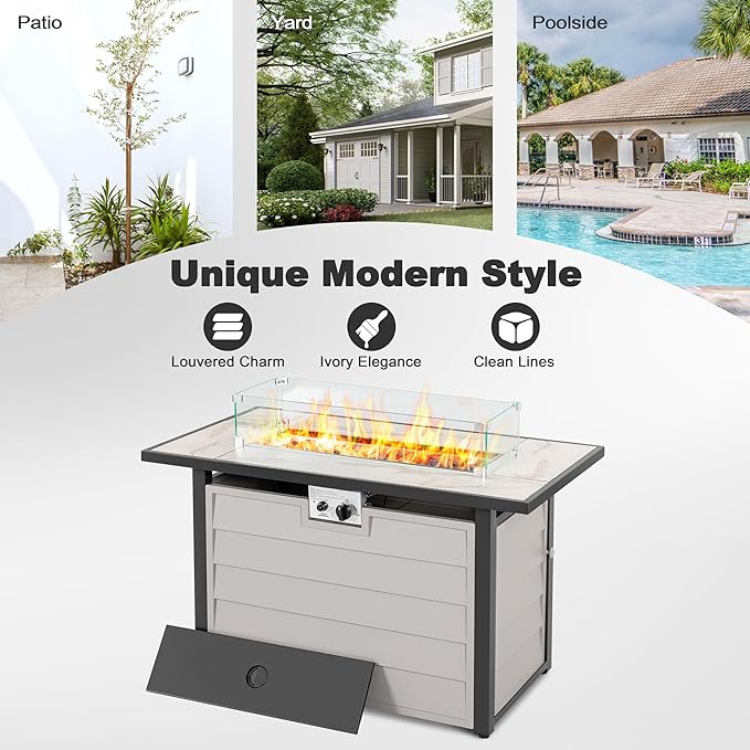 Nuu Garden 43'' Patio Propane Fire Pit Table, 50,000 BTU Gas Fire Pit with Marble-Textured Glass Top, Wind Guard, Lid, Glass Beads, CSA-Certified, 2-in-1 Outdoor Table for Gatherings, Ivory White