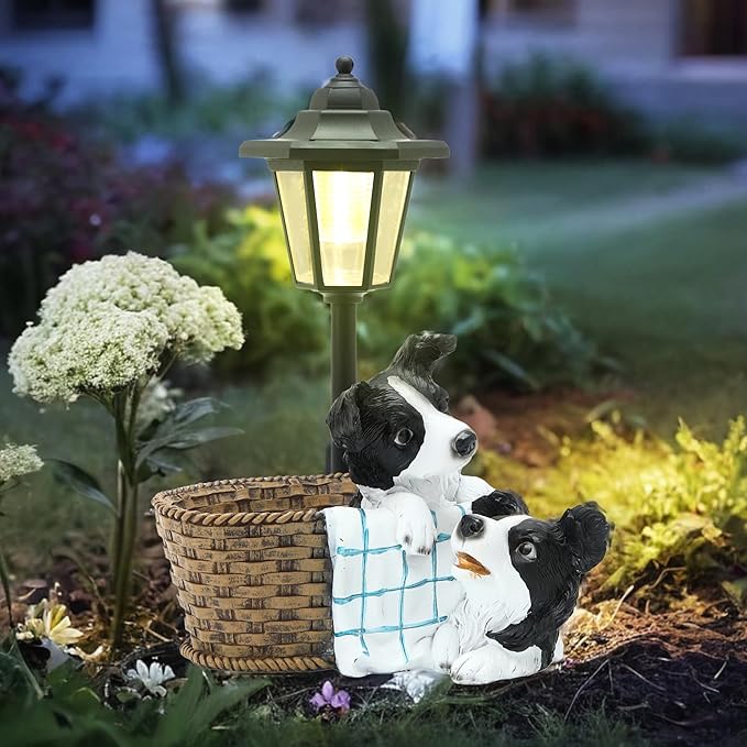 Solar Garden Outdoor Decor Statues Border Collies Resting in Basket with Light,Outside-Outdoor Decorations Sculptures for Patio Yard Lawn Walkway Ornaments Clearance Gifts for Mom Grandma Birthday