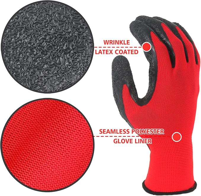 Evridwear Crinkle Latex Rubber Hand Coated Safety Work Gloves for Men Women General Multi Use Construction Warehouse Gardening Assembly Landscaping (L-Size) Red 120 Pairs Pack