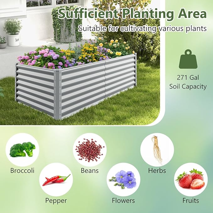 Giantex 6x3x2ft Raised Garden Bed, Large Metal Elevated Rectangular Planter Bed, 271 Gallon Capacity, Outdoor Planting Garden Box for Vegetable Flower Herb Grow (Grey)