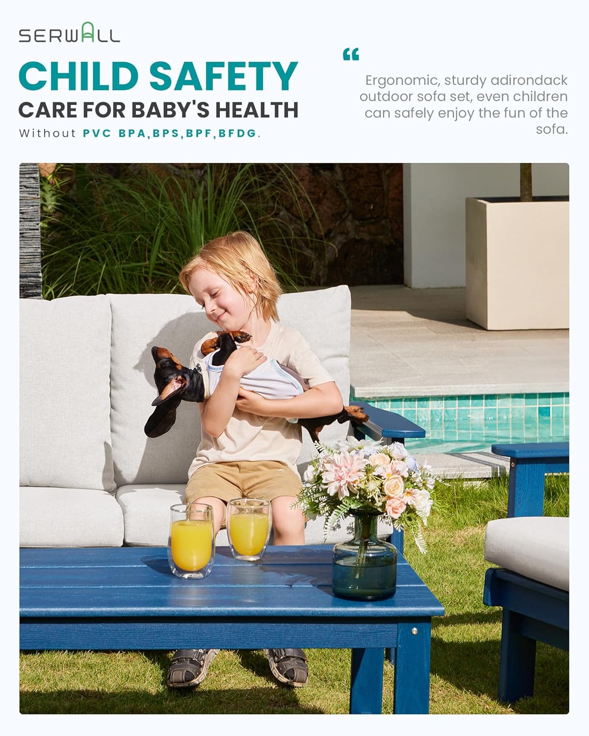 SERWALL HDPE Outdoor Furniture Set, 7 Piece All Weather Wood-Like Outdoor Sofa Sectional Couch, Blue Patio Furniture Set with Khaki Cushions