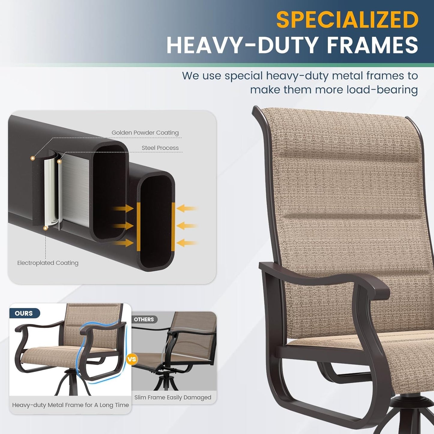 Amopatio Padded Patio Swivel Chairs Set of 4, Outdoor Dining Chairs with Ultra Soft Textilene High Back Seat & Metal Rocker Frame, for Backyard Deck Lawn Garden, Brown