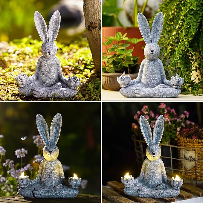 Goodeco Zen Rabbit Statue with Solar Lotus - Garden Yoga Bunny with LED Solar Lotus Lights, Sitting Meditating Buddha Rabbit Serene Resin Figurine for Patio Yard Lawn Ornaments, Home or Outside