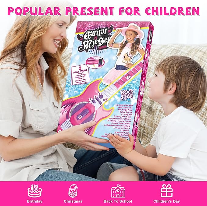 Contixo TG4 Musical Guitar and Microphone Set for Kids, Purple Electric Guitar Toys Starter Kit with Adjustable Height Microphone Stand, Karaoke Toy for Girls, Boys, Toddlers Christmas Birthday Gift