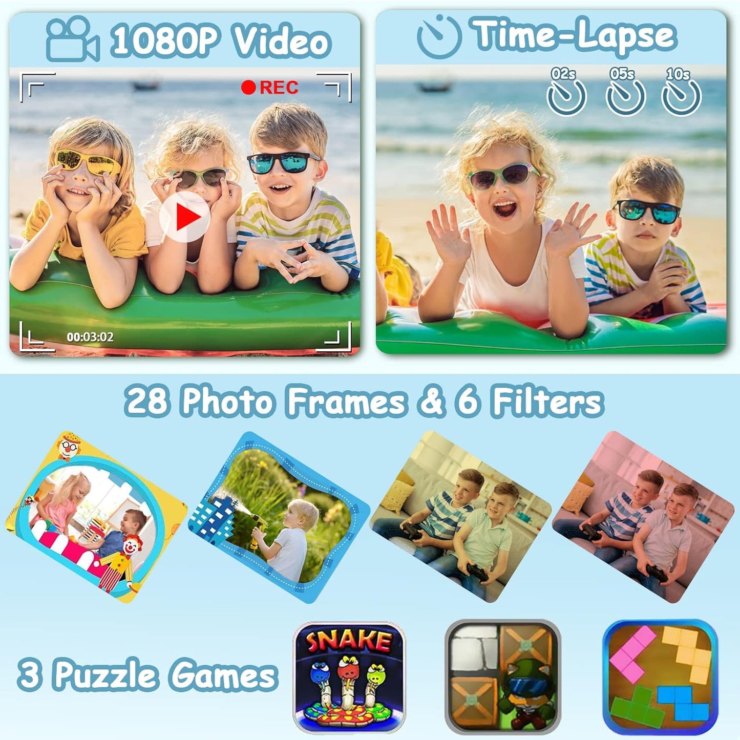 Agoigo Kids Waterproof Camera - Children Underwater HD Video Digital Camcorder, Portable Travel Toy for Toddler - Ideal Christmas Birthday Gifts for Boys Girls Age 3-12 with 32GB Card (Blue)