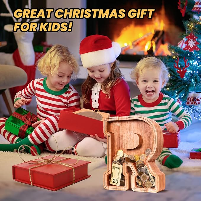KMC Wooden Letter Piggy Bank, Personalized Initial Piggy Bank for Kids Boys, Clear Alphabet R Wood Money Box, Unbreakable Coin Saving Jar, Birthday, for Children