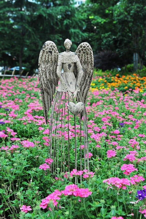 Morning View Metal Angel Statue Decor for Garden Yard Art Outdoor Standing Large Angel Decorations with Heart Antique Patio Patio Lawn Holiday Christmas 32 Inches Tall