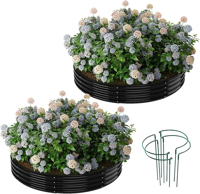 Galvanized Metal Planter Round Raised Garden Bed Kit for Gardening Outdoor,3x3x1ft 2PC Grow Garden Box Raised Flower Bed,Round Galvanized Planter Outdoor Large Metal Fire Pit Ring Black