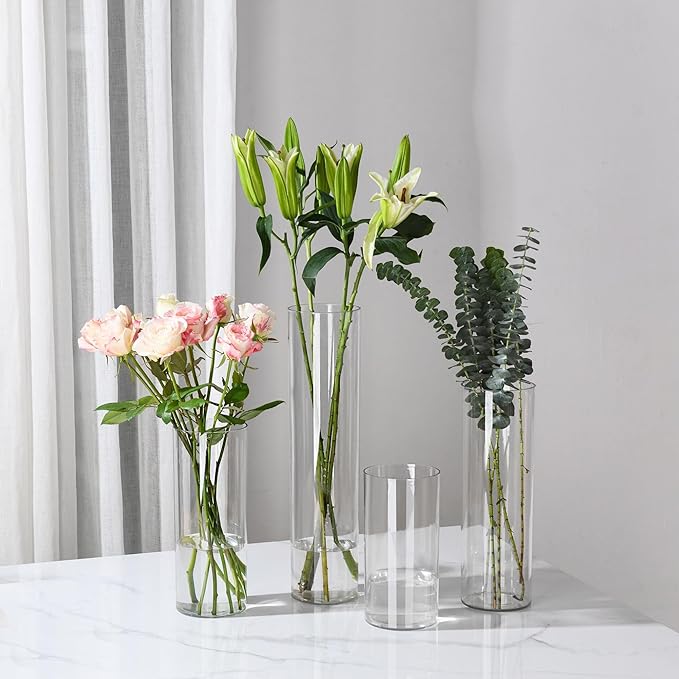Clear Flower Vase, Non-breakable Vases, 4" W x 8" H, Acrylic Vase, Aesthetic Room Decor Cylindrical Modern Flower Vases for Table Centerpiece, Home Decor, Women Floral Arrangement Gift