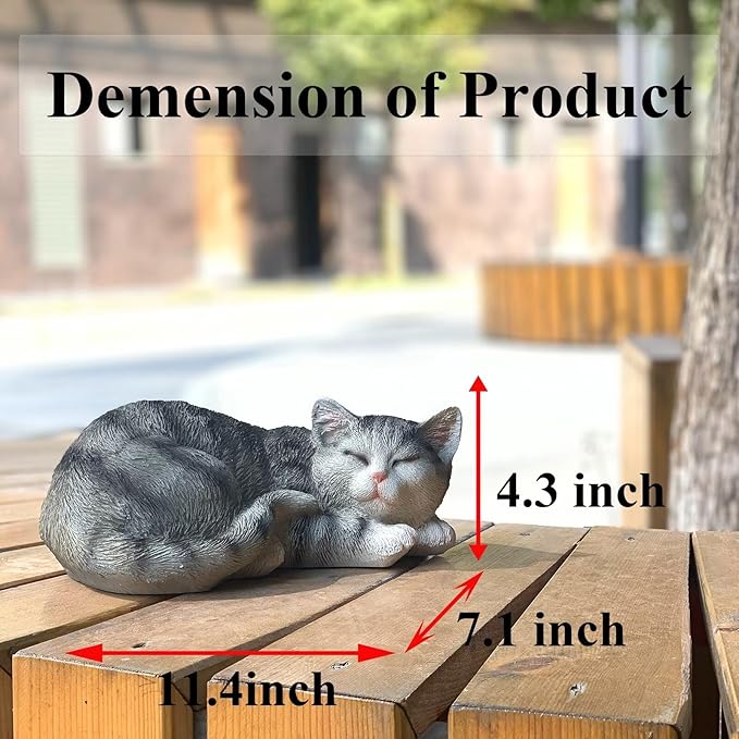 Sleeping Cat Statue Garden Decor, Outdoor Cat Sculpture & Figurine Lawn Ornament, Grey Tabby Statue for Patio, Lawn, Yard Decorative, Cute Kitten Memorial Grave Accessory