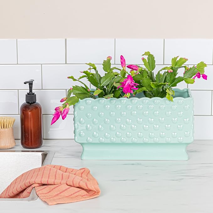Creative Co-op Ceramic Hobnail Planter with Scalloped Edge and Polka Dots, Aqua