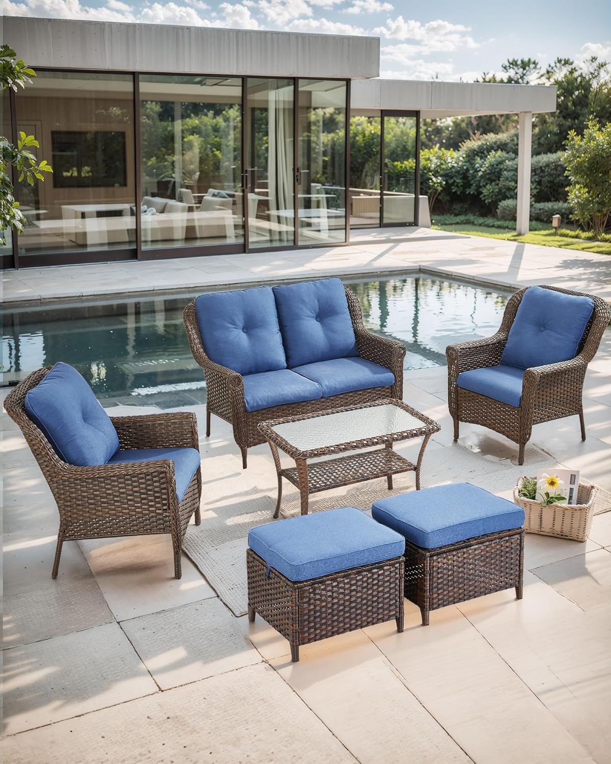 Patio Loveseat Outdoor Wicker Sofa - Heavy Duty All-Weather Brown Rattan 2-Person Sofas with High Back and Comfortable Thick Cushions for Garden Back Porch Poolside Apartment - Navy Blue