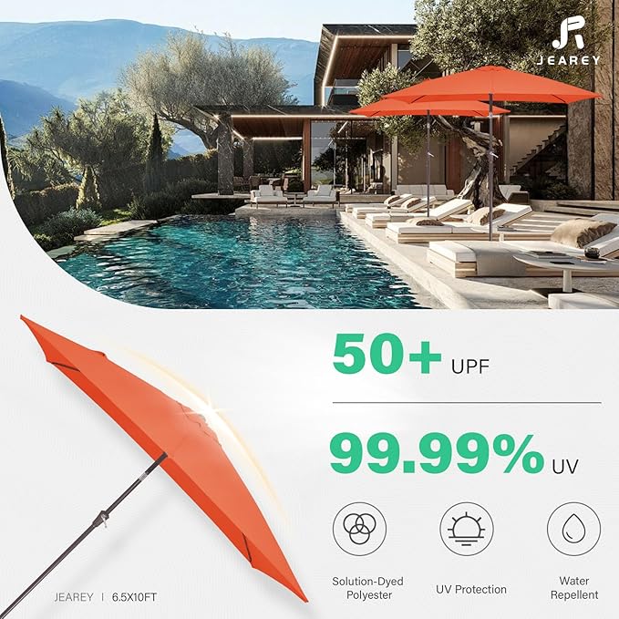 JEAREY 6.5x10 ft Rectangular Patio Umbrellas Outdoor Market Umbrella with Push Button Tilt and Crank, Rectangle Table Umbrella 6 Sturdy Ribs UV Protection for Pool Garden Backyard Deck, Orange