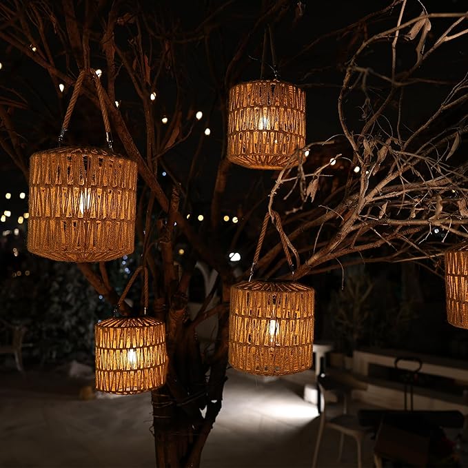 Cooo Solar Lantern Outdoor Hanging – Handwoven Jute Rope Lantern with Warm Edison Bulb, IP65 Waterproof Solar Powered Garden Light for Porch Patio, Yard Table Rustic Boho Decor, 8.27” Tall