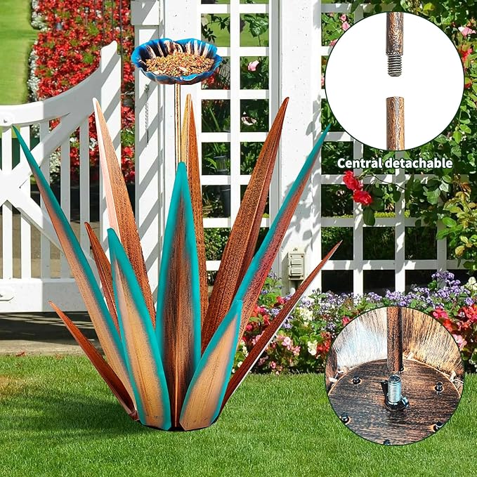Large Tequila Rustic Sculpture, Rustic Metal Agave Plants for Outdoor, Home Decor Garden Yard Statue (Blue - L (W/Bird Feeder))