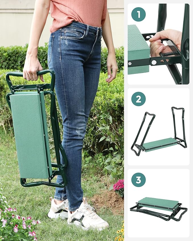 SONGMICS Garden Kneeler and Seat, Multifunctional Garden Kneeling Bench, Gardening Gifts for Women Men, Folding Gardening Stool, with 2 Tool Bags, 8-Inch Wide Kneeling Pad, Dark Green UGGK060L01