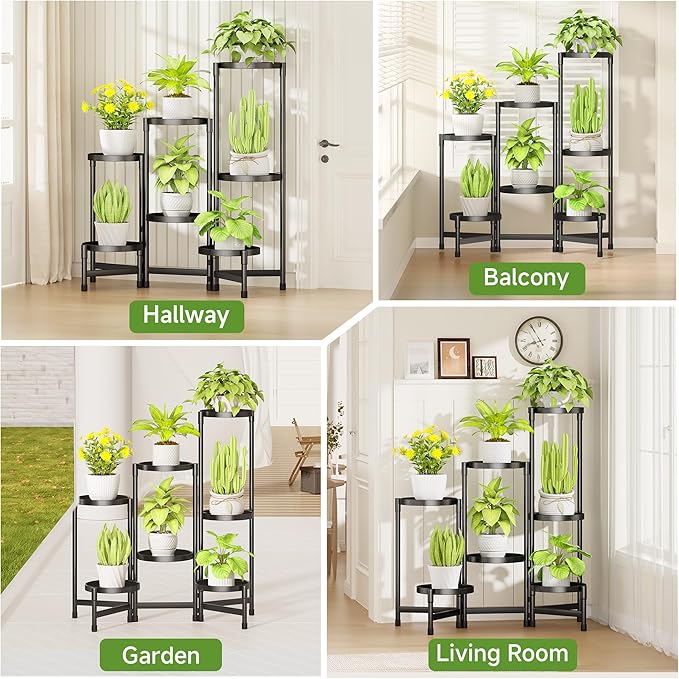 7-Tier Metal Plant Stand Indoor, Foldable Corner Plant Shelf Outdoor, Rotatable Tiered Flower Display Stand, Black Multiple Plants Holder for Patio Living Room Balcony Garden Home Decor