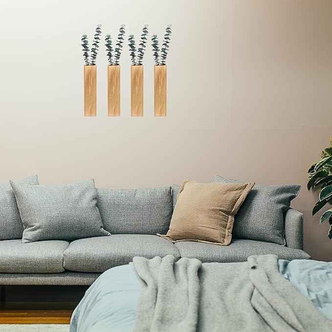 Wood Wall Planter 4 Pack Wall Decor for Artificial Flower Plants Wooden Plants Holders Wall Plant Pocket Vase Hanging for Living Room Bedroom Dining Room Bathroom Indoor Decroation (Light Brown)