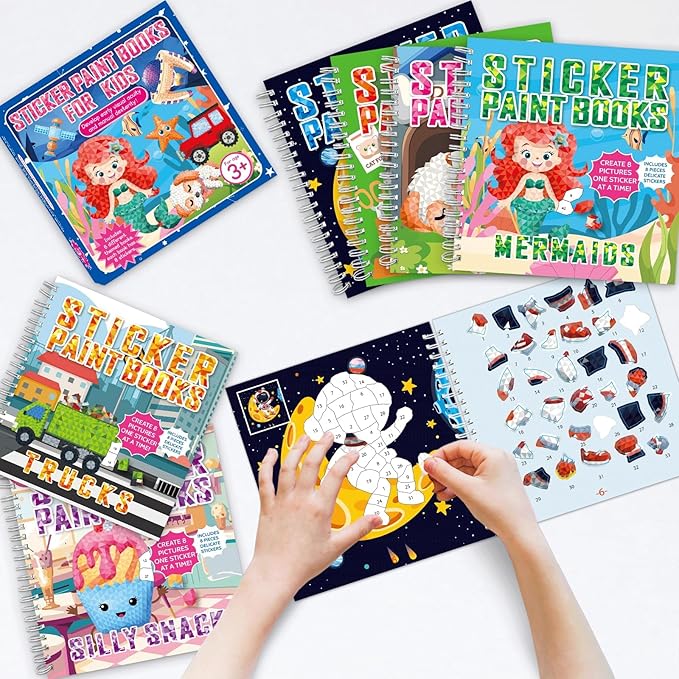 gisgfim 6 Pcs Paint by Sticker Books Sticker by Number Books Activity Book Sticker Puzzle Book Craft Art Gift with Mermaid Truck Outer Space Cat 48 Pictures Sticker by Number Book Set Party Favors