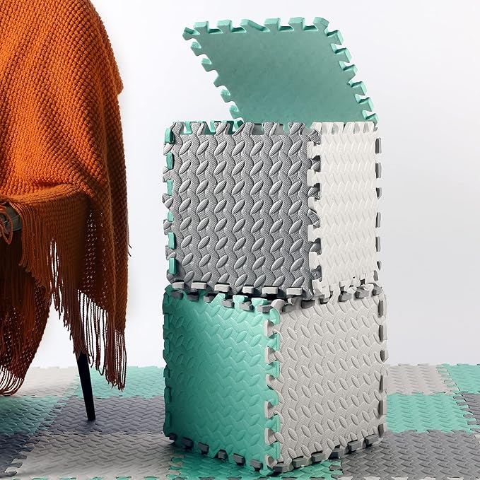 Shihanee Foam Floor Baby Tiles Foam Floor Mats Play Mats Bulk with Borders Interlocking for Kids Baby Playroom Nursery Gym (White, Gray, Green,64ft)