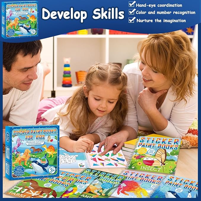 6 Pcs Paint by Sticker Books for Kids Ages 4-8 Sticker by Number Books Activity Book for Kids Ages 3-5 Sticker Puzzle Book Craft Art Toddler Girls Gift with Dinosaur Unicorn Forest Animal 48 Pictures