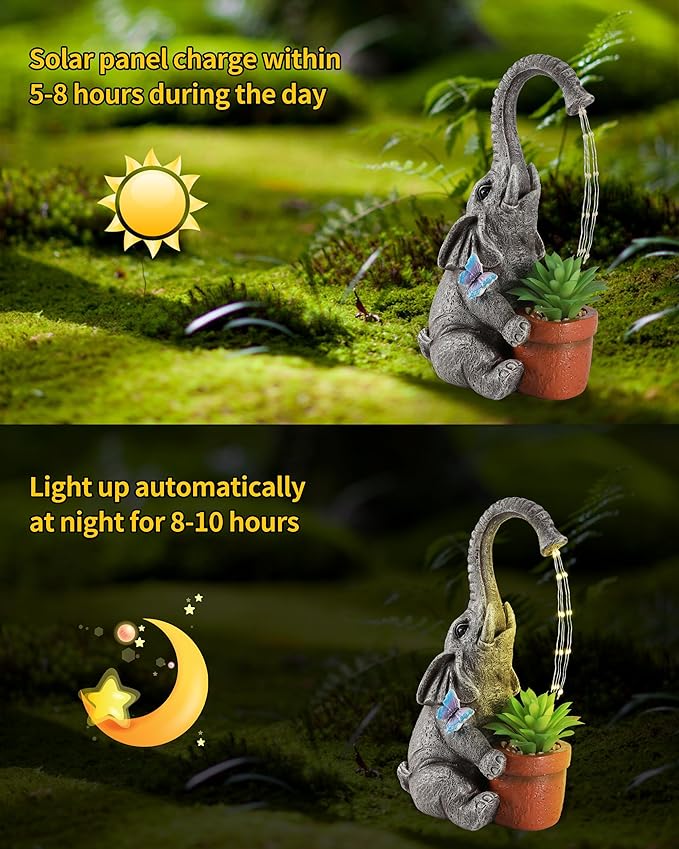 iStatue Solar Elephant Figurine with Succulent Plant Pot - 11'' Hand-Painted Lifelike Resin Lawn Ornaments Statue for Yard Art Garden Decor Gifts (Elephant)