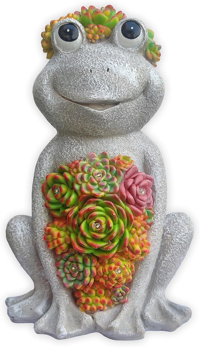Large Frog Solar Garden Outdoor Statues with Succulent and 8 LED Lights,Outside Solar Frog Art Decor for Lawn,Yard, Balcony Ornament